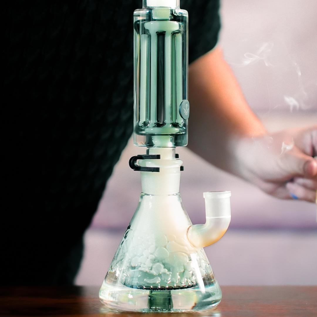 Close-up of Freeze Pipe Bong Pro glycerin coil and showerhead percolator during session