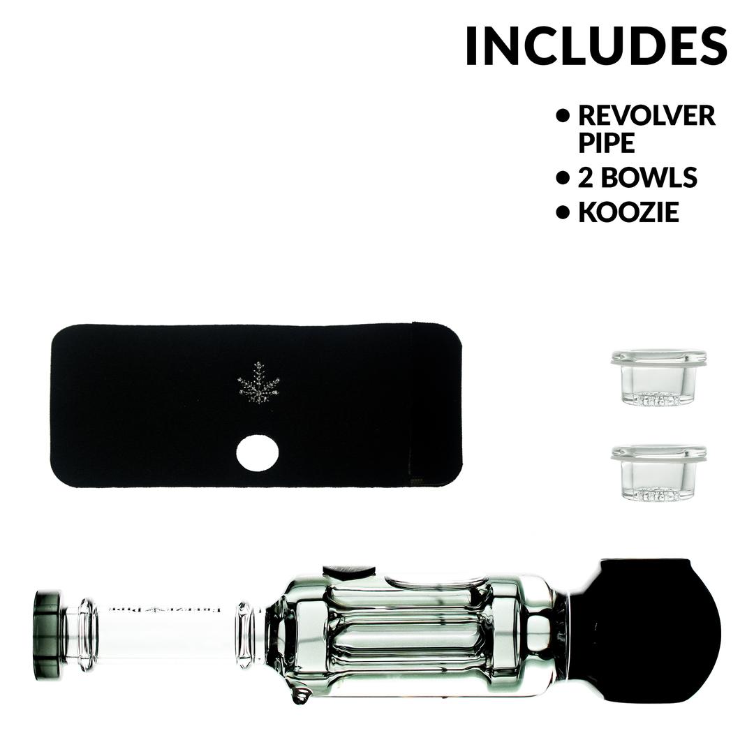 Freeze Pipe full kit image showing glass pipe, glycerin coil, and travel case contents