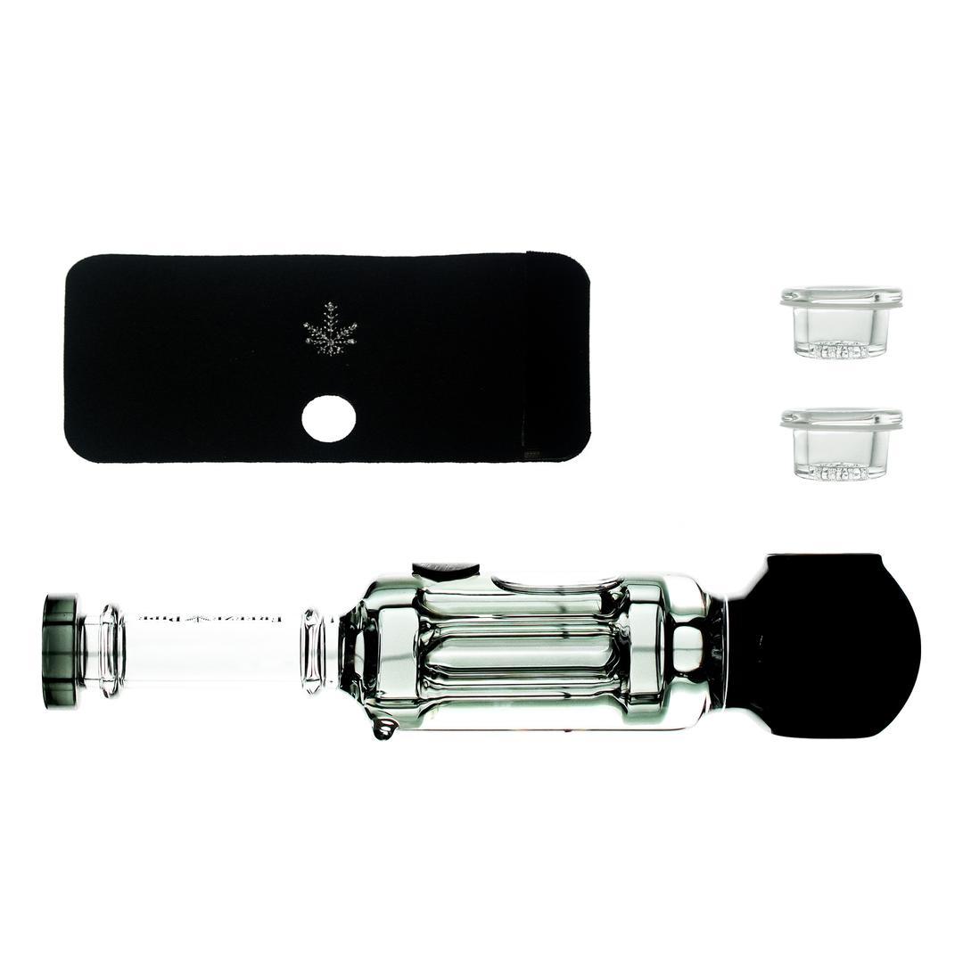 Freeze Pipe with detachable glycerin coil and glass mouthpiece shown on black base