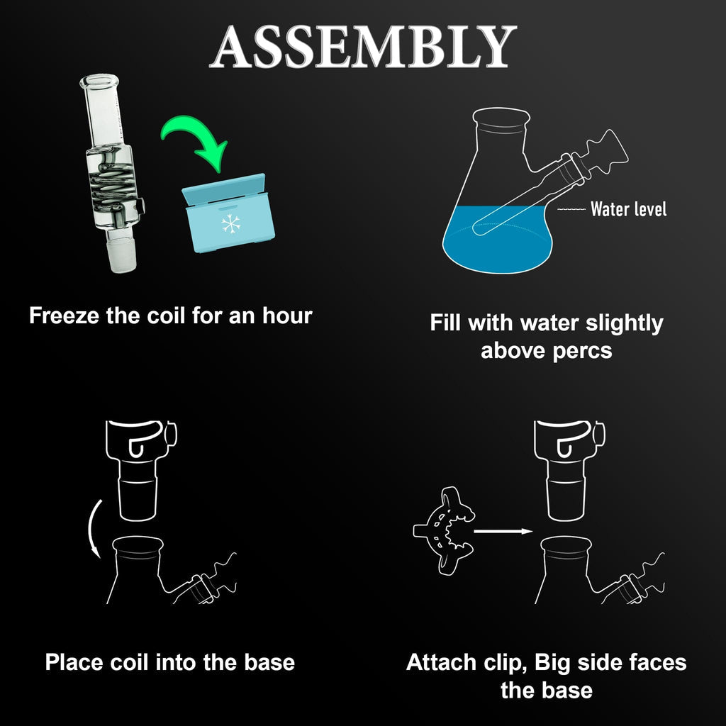 Freeze Pipe Beaker Bong assembly guide showing coil connection and base setup instructions