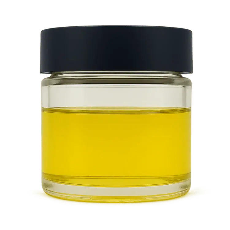 CBC Distillate | Premium Cannabichromene Extract in a glass jar showcasing its golden viscous oil.