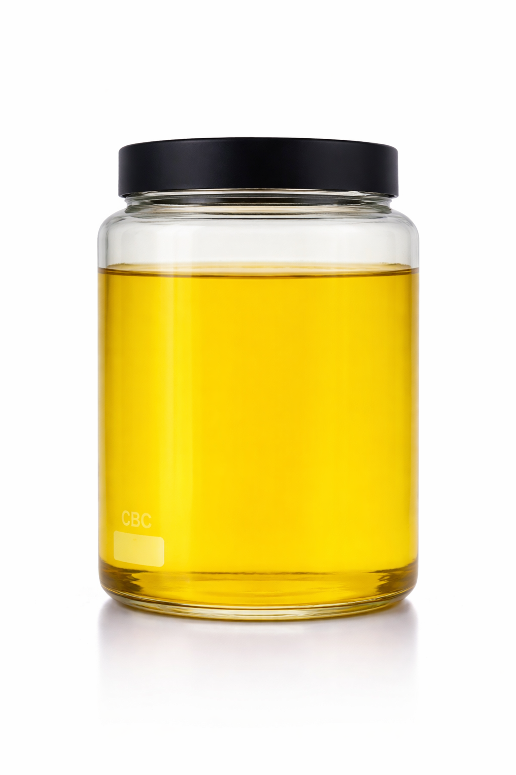 1kg jar of CBC distillate in clear glass container with black lid showing bright golden hemp-derived cannabinoid oil.