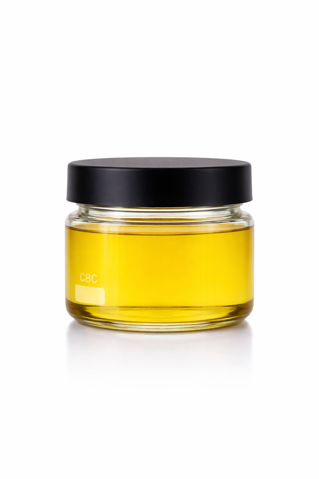 CBC distillate bulk cannabinoid oil in clear glass jar with black lid – hemp-derived cannabichromene extract.
