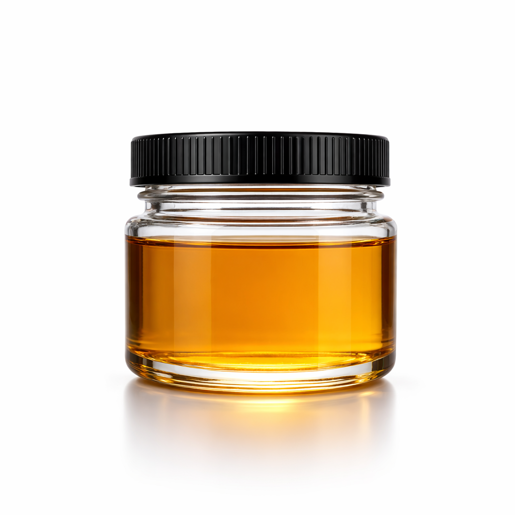 Small clear glass jar with black screw-on lid filled with golden amber CBD CRD distillate, photographed on a clean white background
