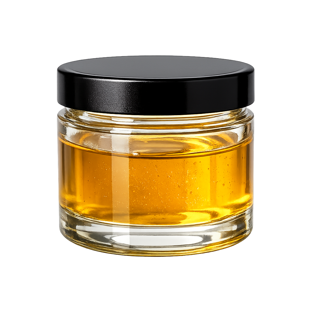 Small clear glass jar with black screw-on lid filled with golden CBG CRD distillate for bulk