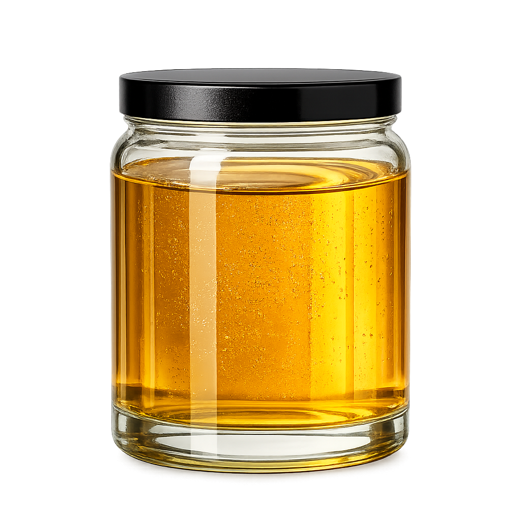 Small clear glass jar with black screw-on lid filled with golden CBG CRD distillate for bulk