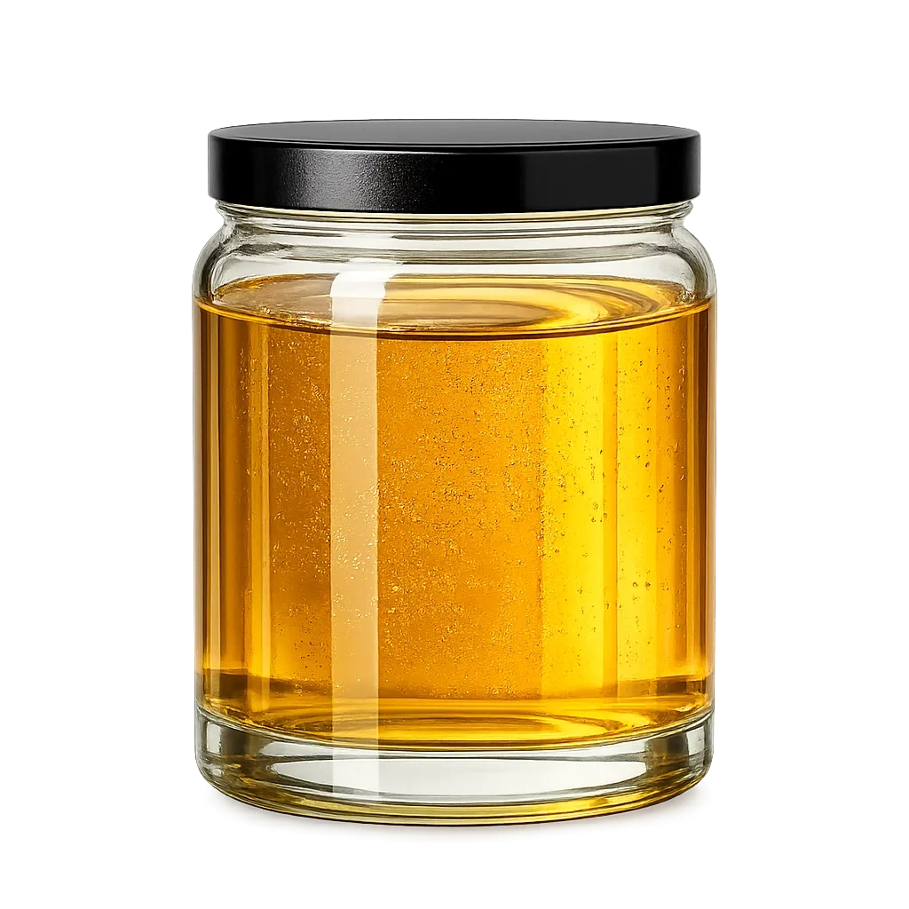 Small clear glass jar with black screw-on lid filled with golden CBG CRD distillate for bulk