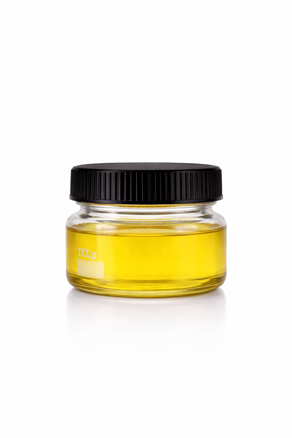 10g jar of THCP distillate in a small clear glass container with black screw-top lid containing bright yellow cannabinoid oil.