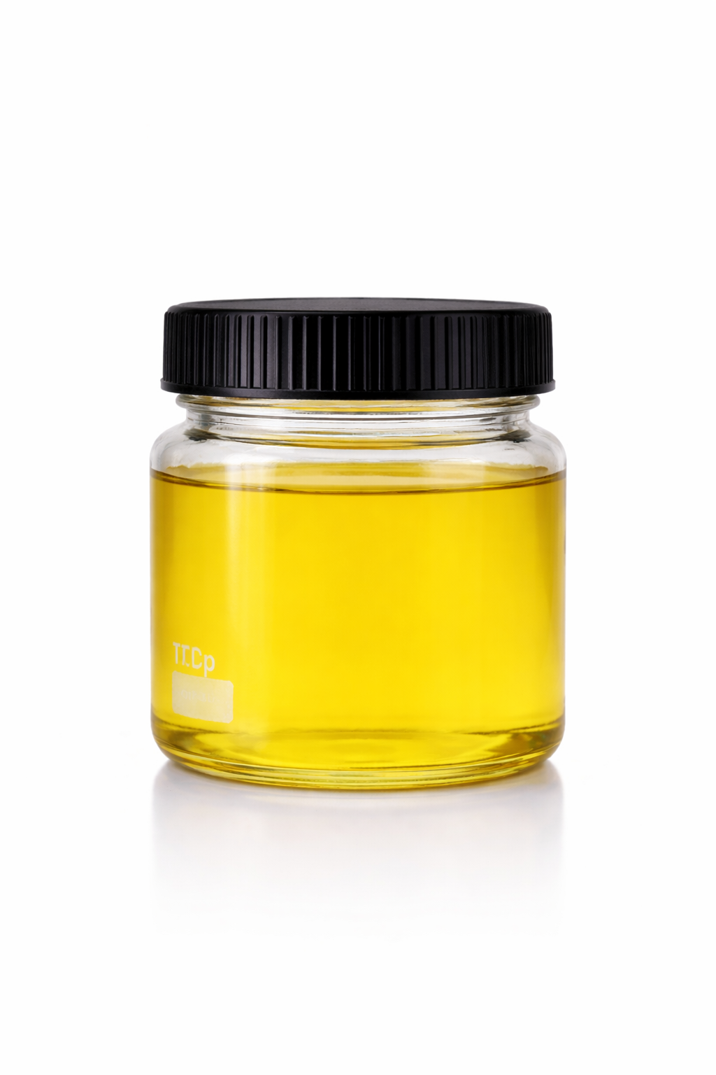 large jar of THCP distillate in a clear glass jar with black ribbed lid, filled with golden yellow hemp-derived cannabinoid oil.