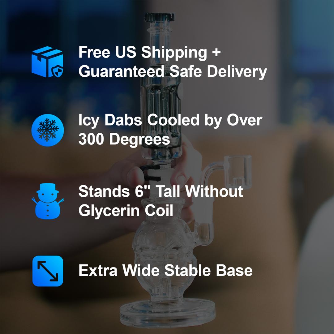 Freeze Pipe Mini Dab Rig product features — 30-minute freeze time, smooth filtration, and sturdy glass base.