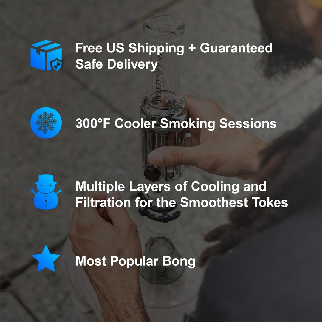 Freeze Pipe Bong Pro feature list including free 3-day shipping, warranty, and easy returns”