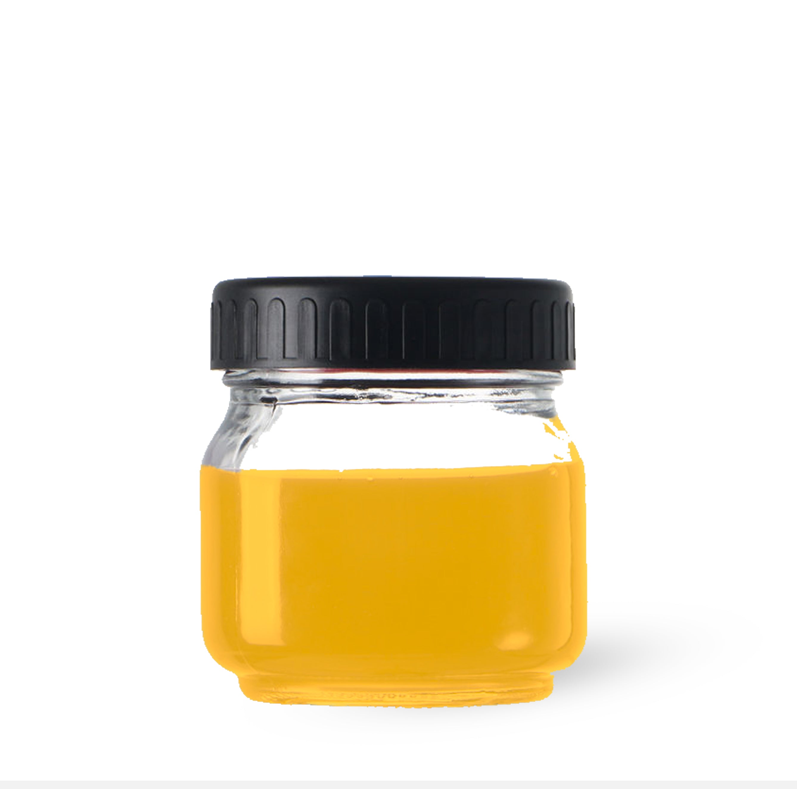 Small glass jar of CBN Distillate — golden hemp extract sealed with a black cap, displayed on a white laboratory background.