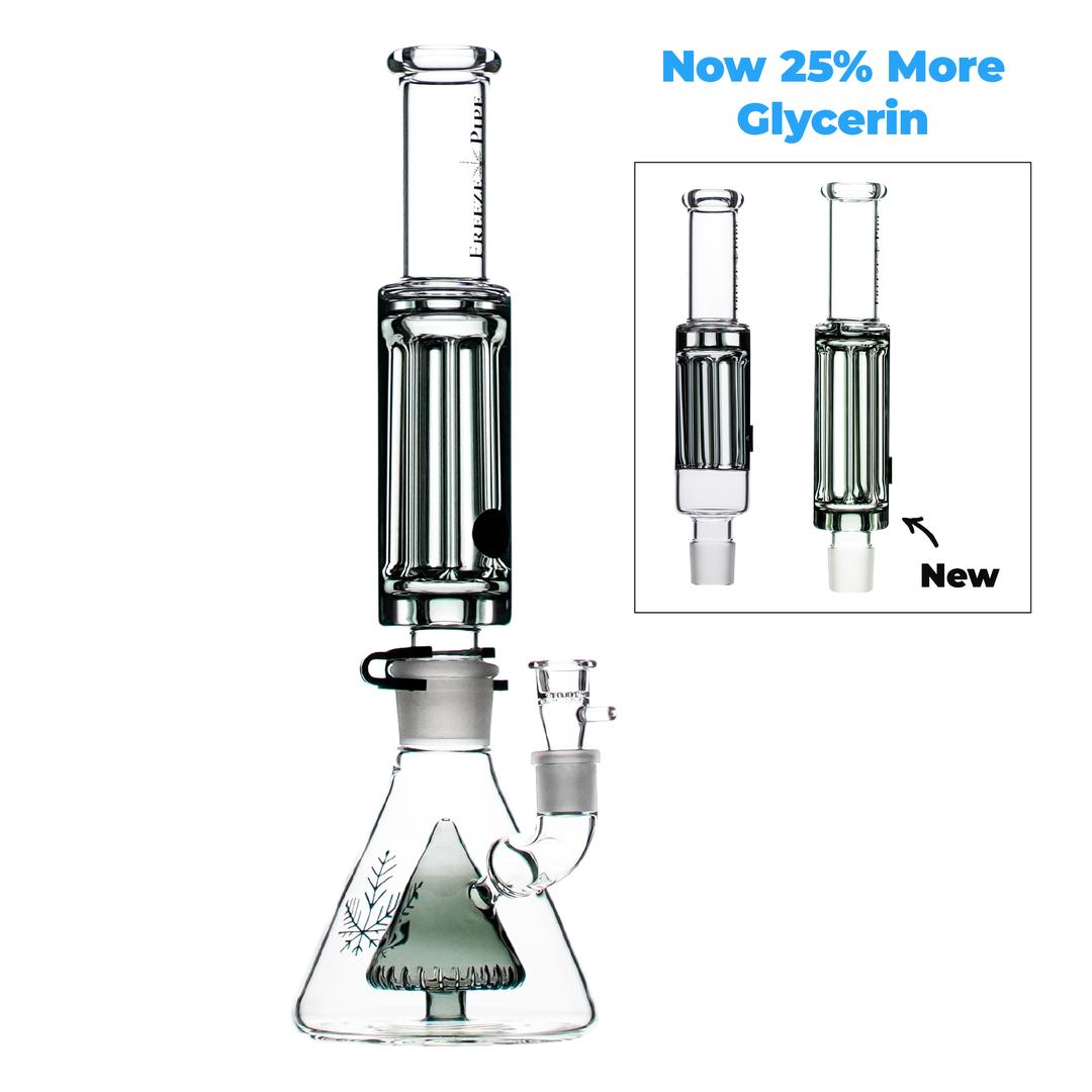 Diagram of Freeze Pipe Bong Pro showing removable glycerin coil and showerhead percolator assembly