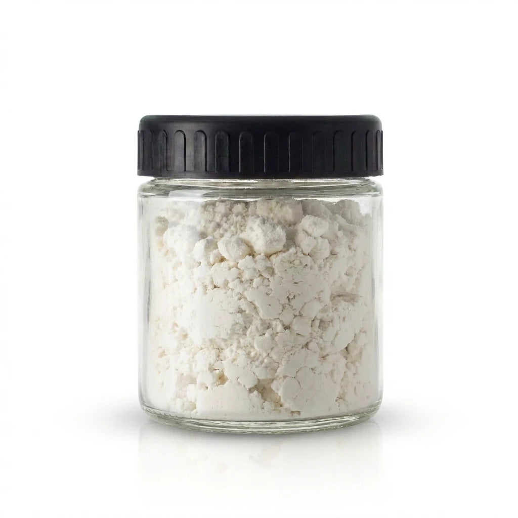 Glass jar with black lid containing a delta 8 powder