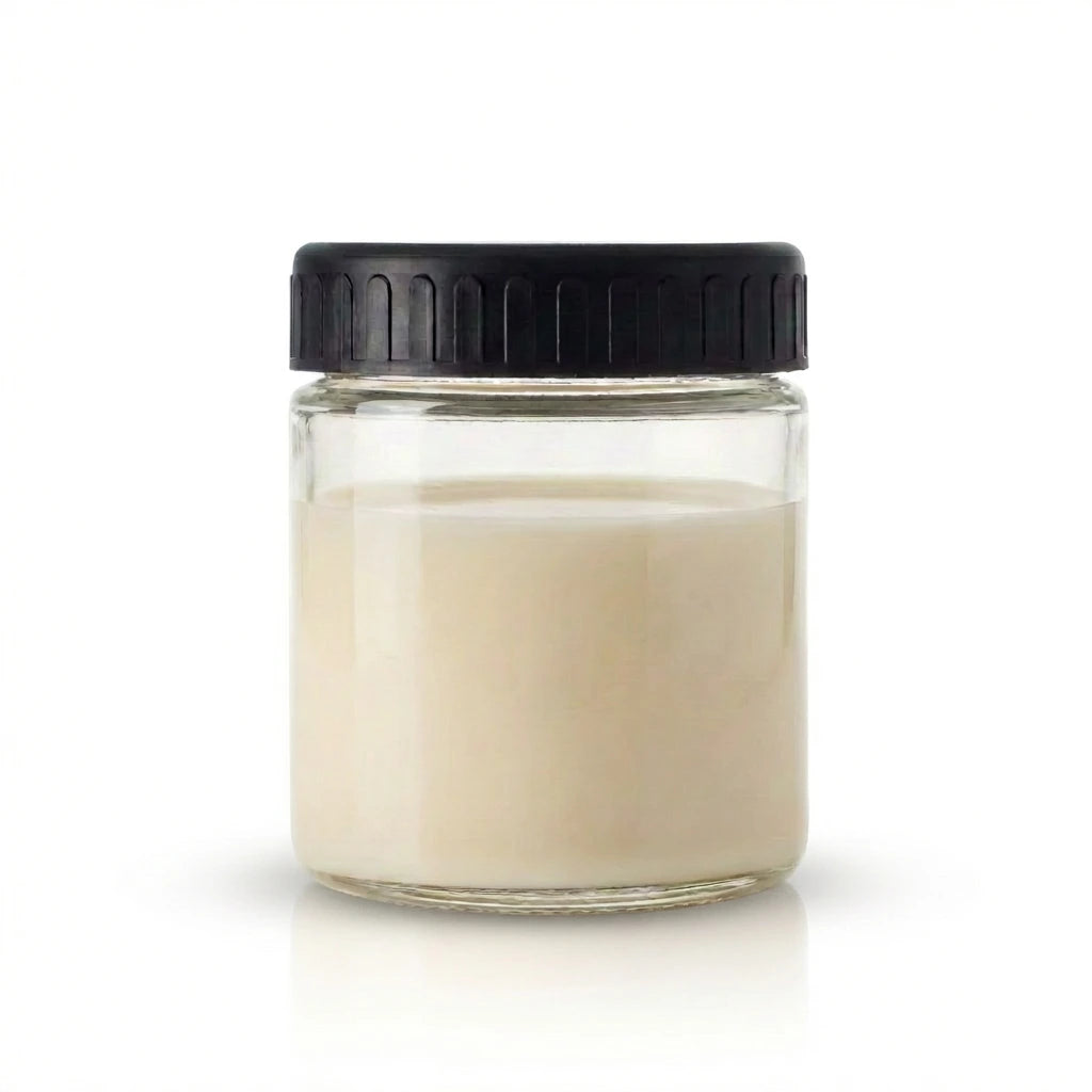 Clear glass jar with black lid containing a water soluble HD9